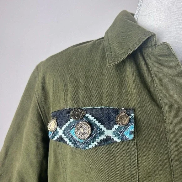 Beautiful Stories Anthropologie Inika Olive Green Utility Jacket S Embroidered - Picture 5 of 16